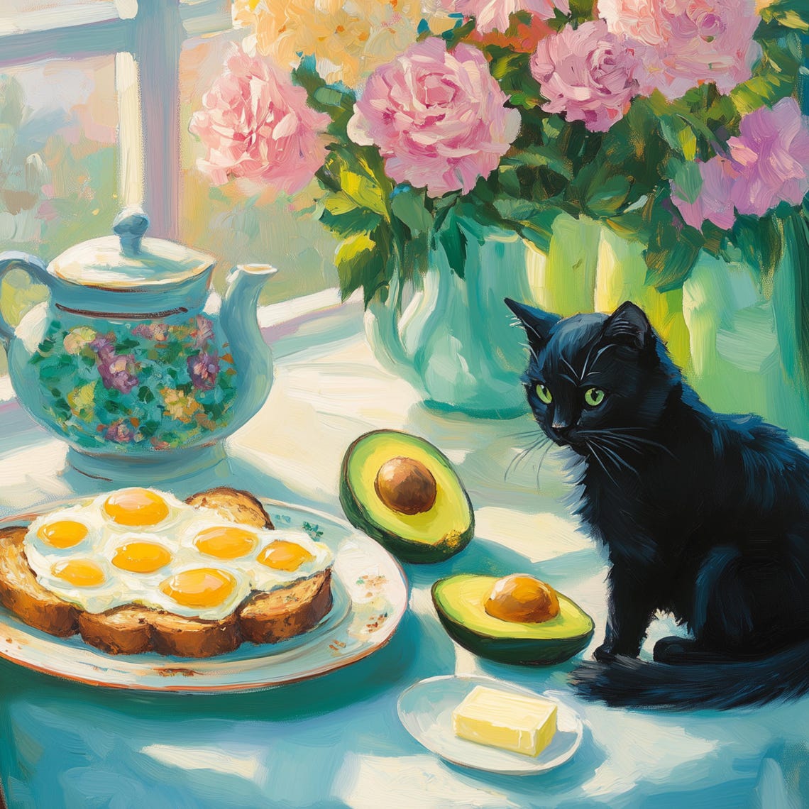 Black Cat Breakfast Scene Poster Eggs Toast Avocado Teapot Kitchen Art - Image 3