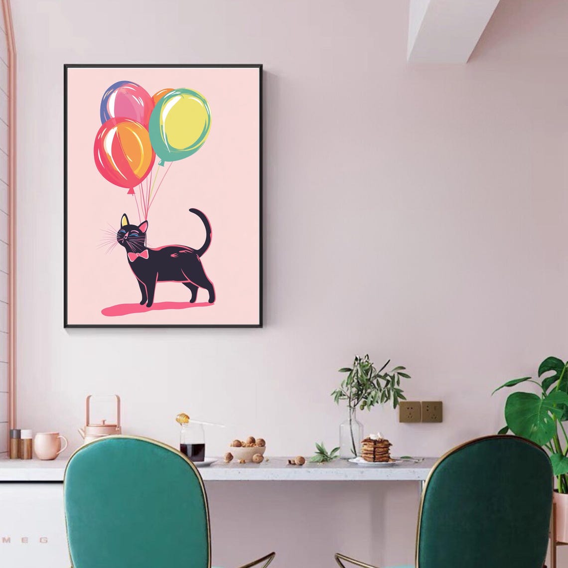 Chic Black Cat In Pink Bow Tie Floating With Balloons Poster - Image 3
