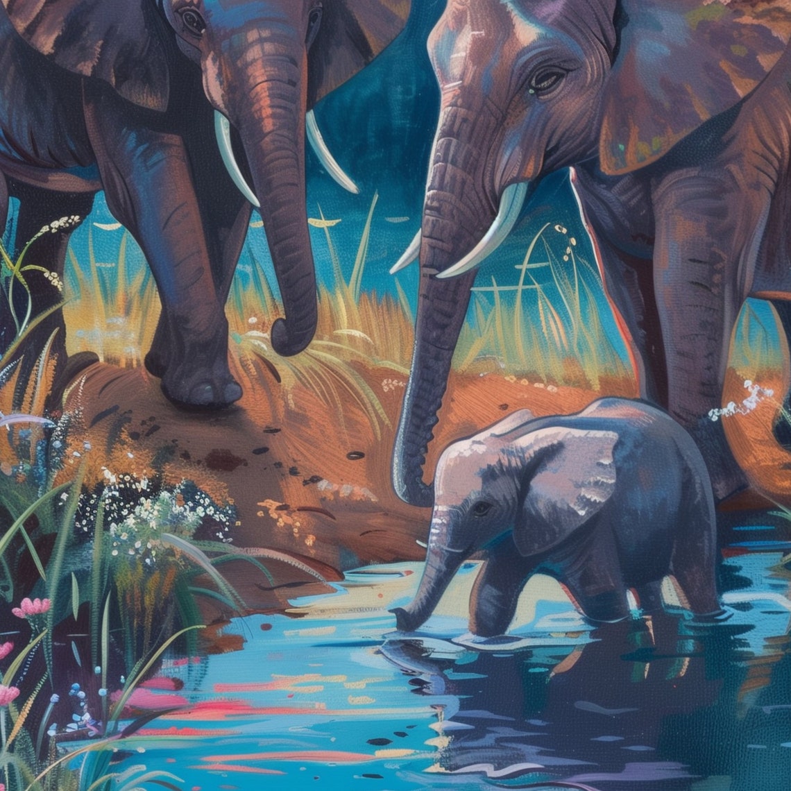 Elephant Family Poster Oil Painting Colorful Elephants In Nature Poster Elephant Family In Nature Oil Painting Elephants Oil Painting - Image 3