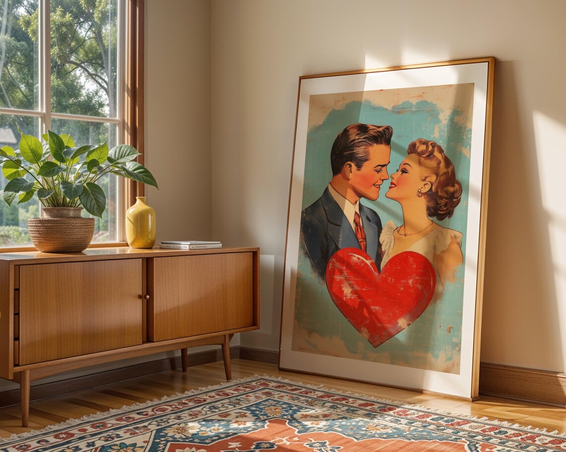 Vintage 1950s Couple Nose to Nose with Red Heart Retro Love Poster - Image 3