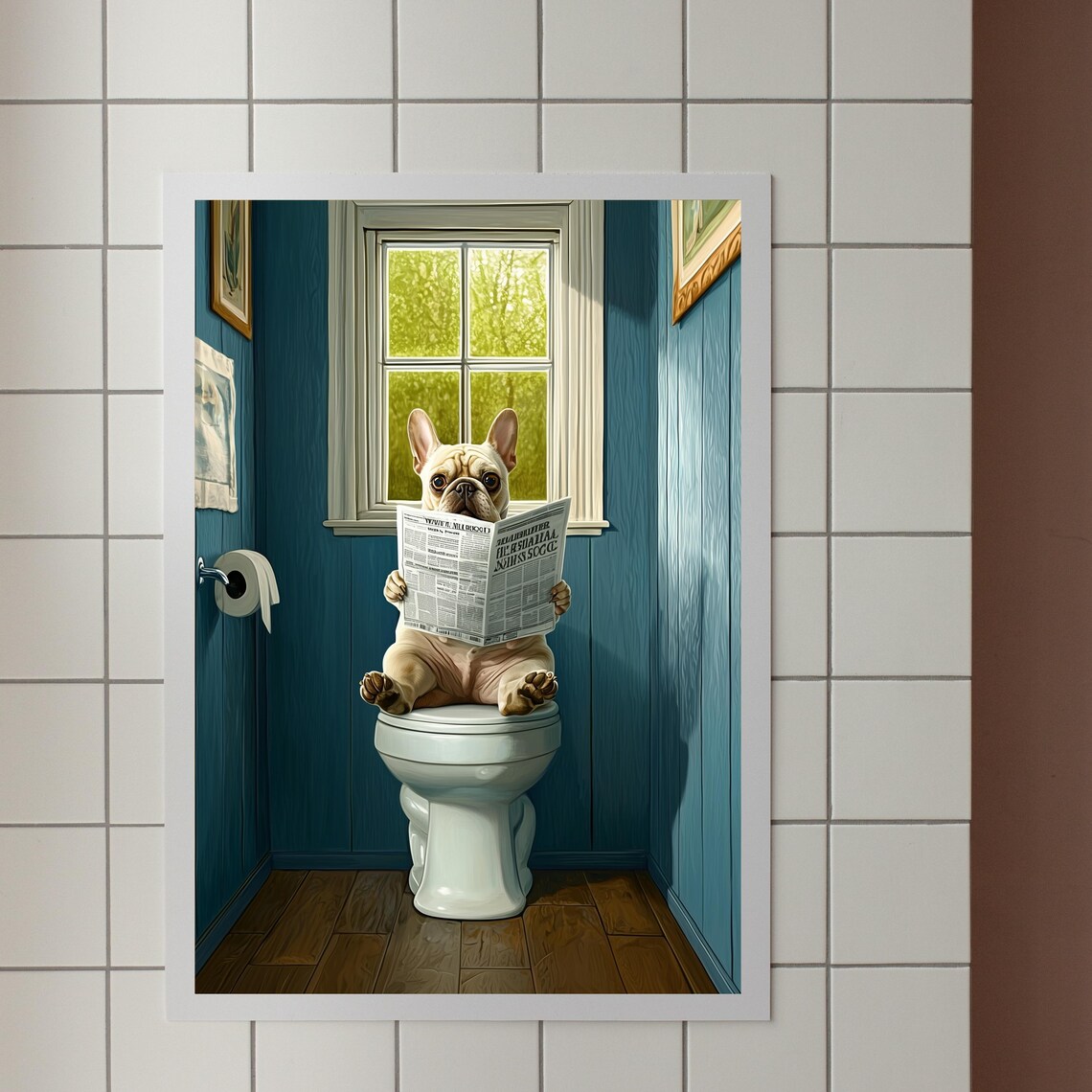 Funny French Bulldog Reading a Newspaper on the Toilet Poster - Image 2
