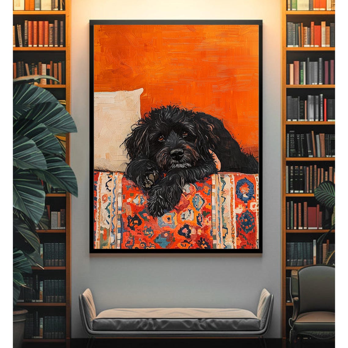 Cozy Sleepy Black Dog Resting On Warm Patterned Rug Scene Poster - Image 2