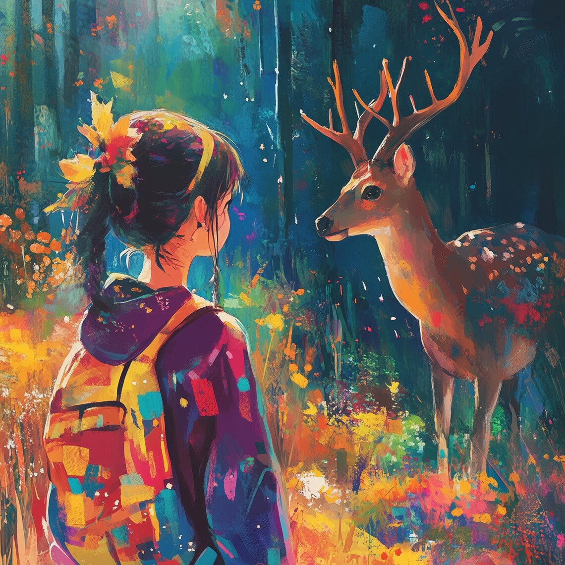 Girl And Stag Fairytale Poster Magical Glowing Forest Meeting Scene - Image 3