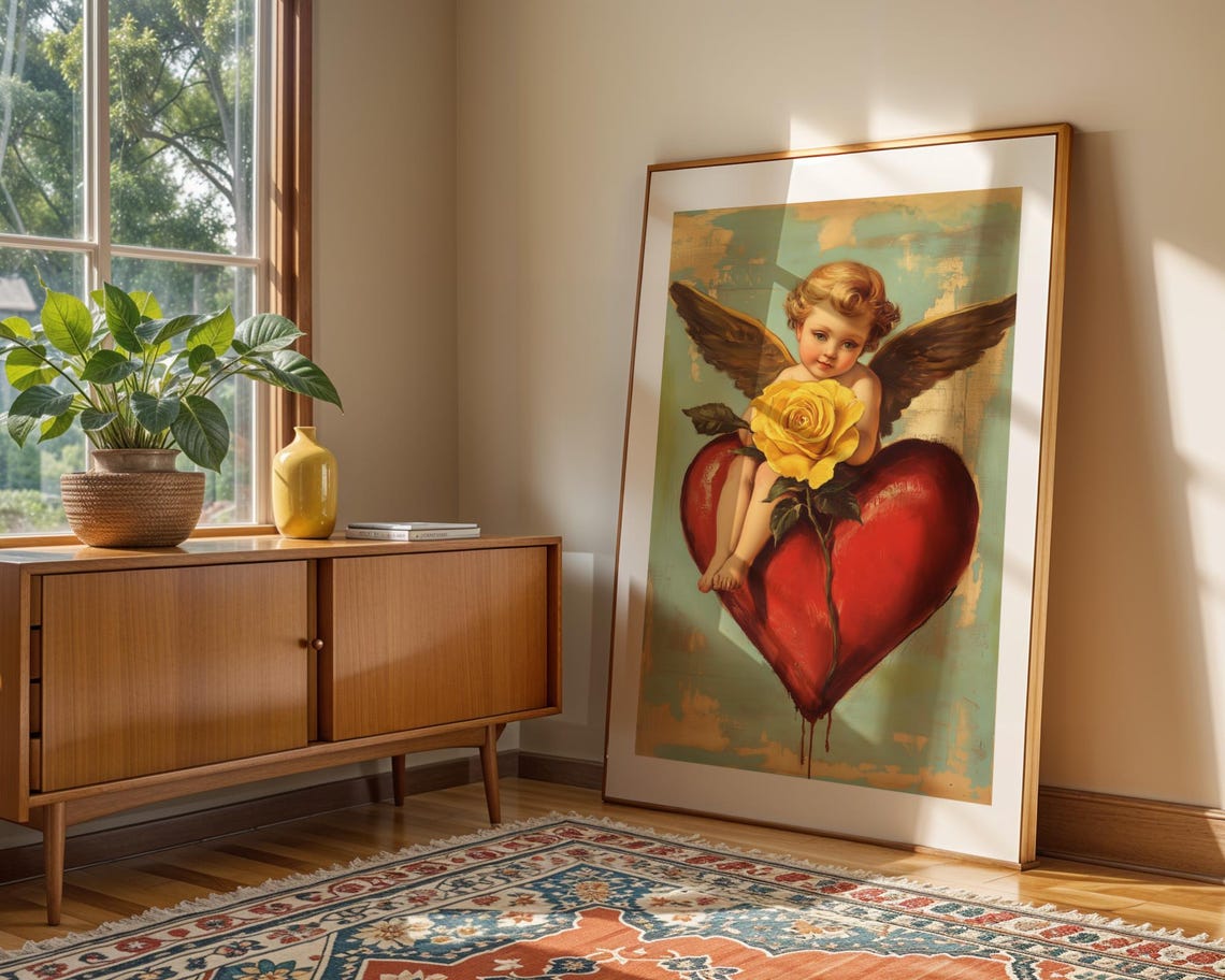 Cherub Sitting on Red Heart with Yellow Rose Vintage Valentine Poster - Image 2