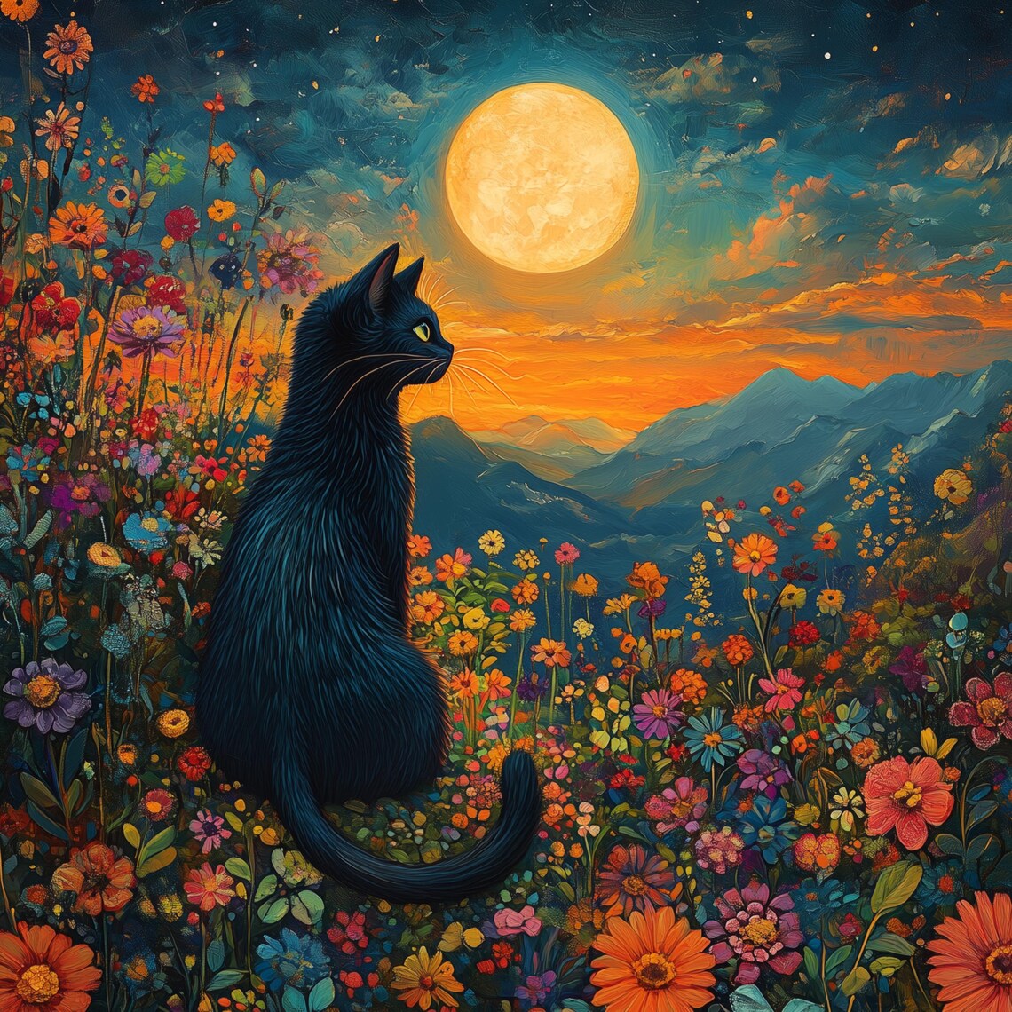 Floral Black Cat Moonlit Starry Night Art Print - Image 3