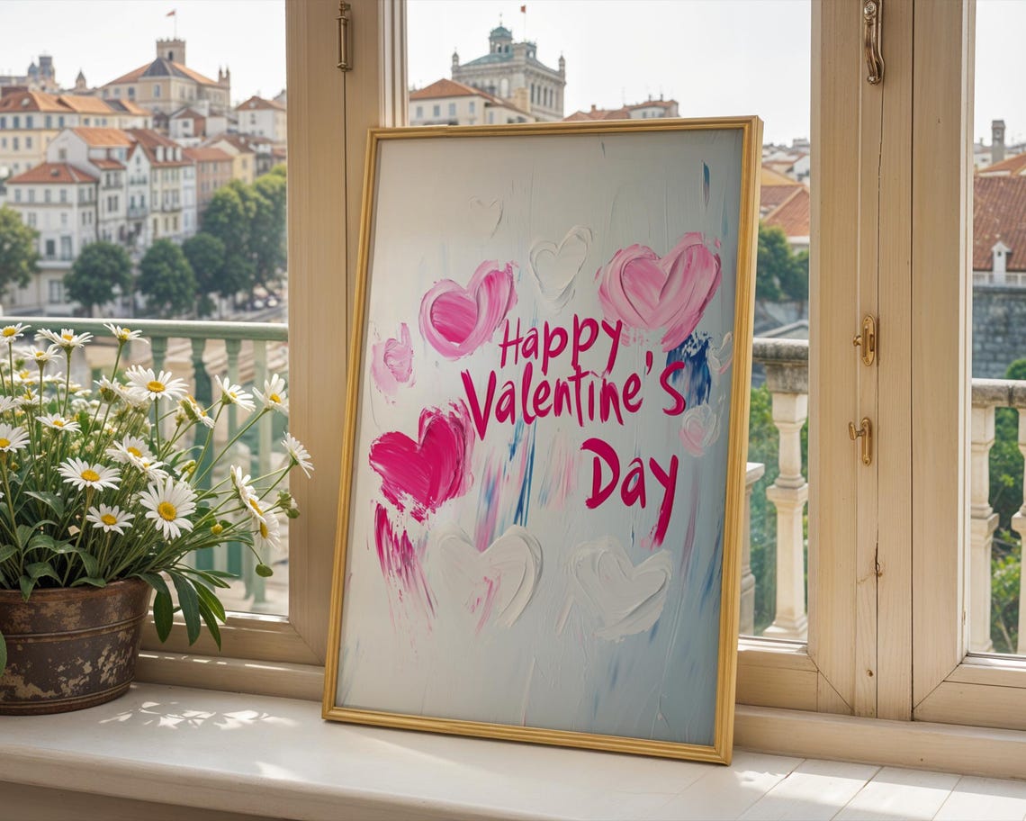 Happy Valentine's Day Brushstroke Hearts Pink Romantic Art Poster - Image 2