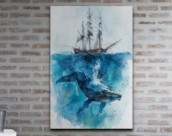 Whale Pirate Ship Watercolor Nursery Wall Art Print