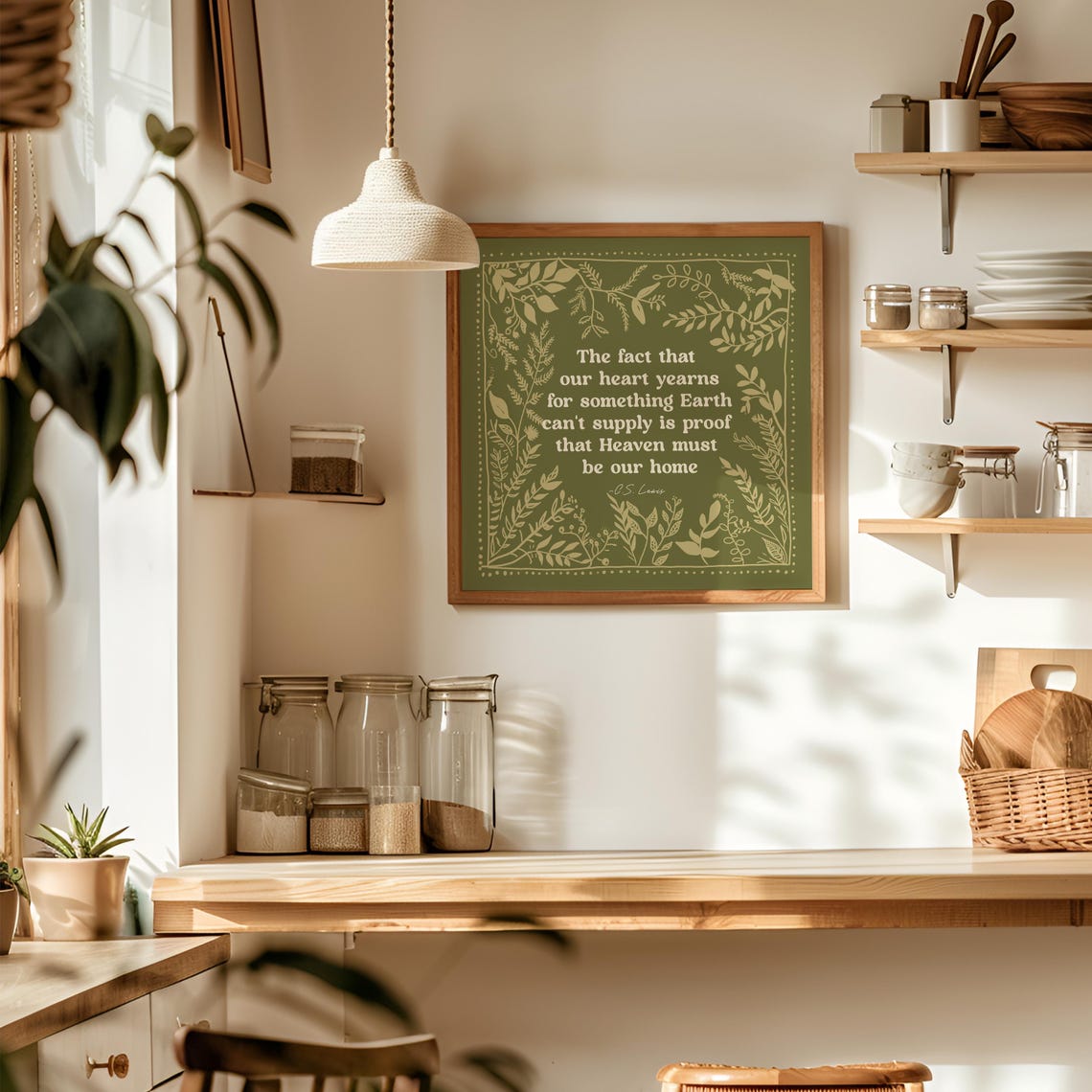CS Lewis Heaven Must Be Our Home Quote Olive Green Botanical Poster - Image 2