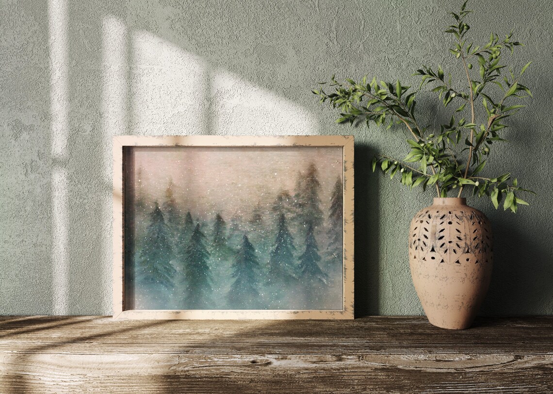 Snowy Pine Forest Falling Snow Winter Wonderland Watercolor Wall Print - Image 2