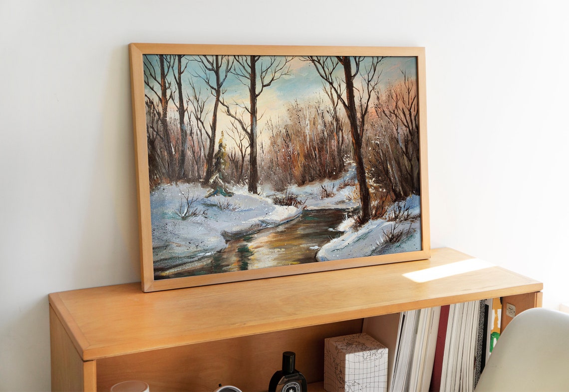 Vintage Winter Stream Snowy Bare Woods Landscape Oil Painting Print - Image 2