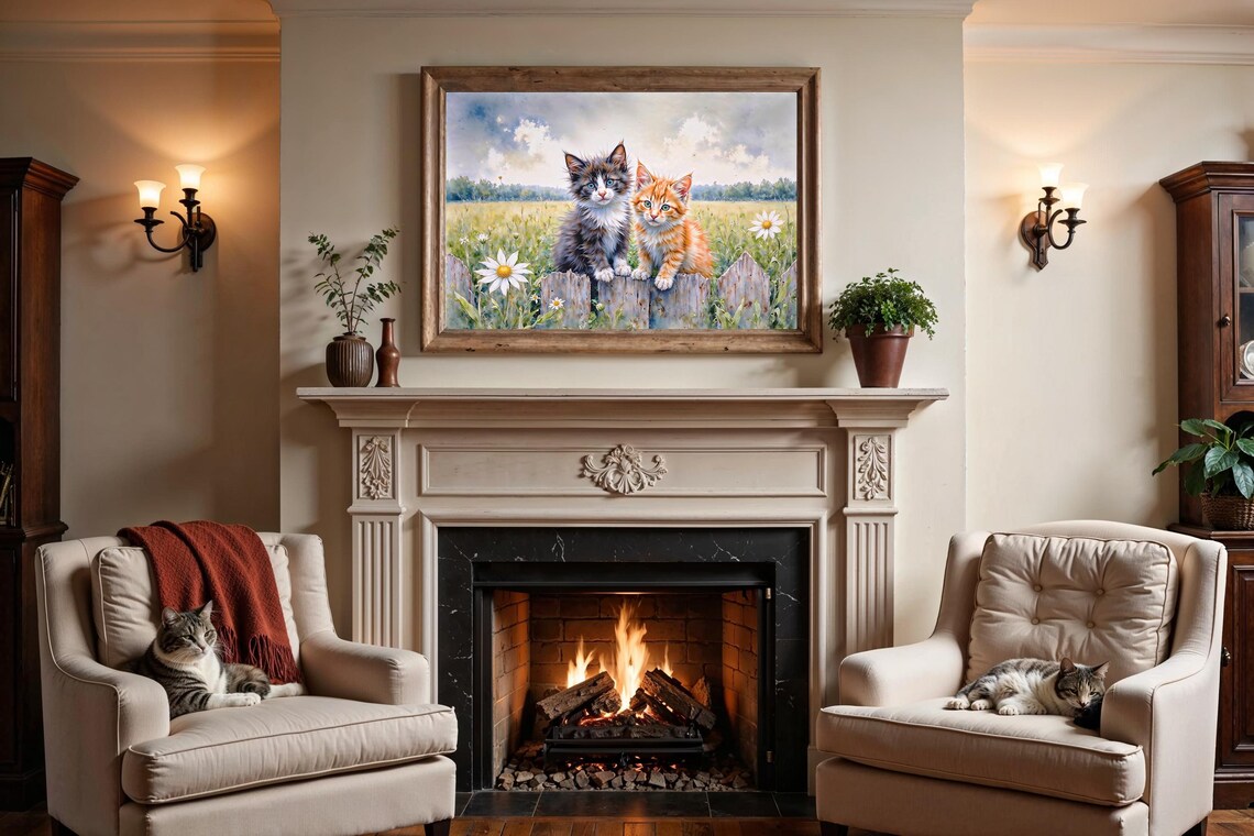 Two Cute Kittens on Rustic Fence Watercolor Daisy Field Poster - Image 2