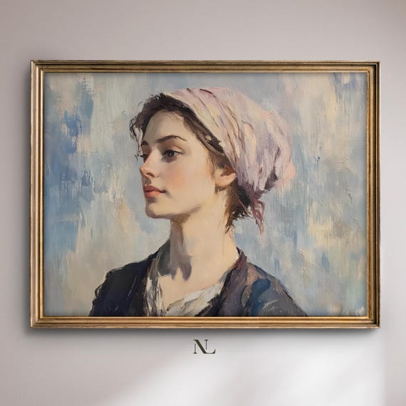 Wall Art Serene Vintage Portrait Moody Home Decor Rustic Vintage Oil Painting Cosy Farmhouse Impressionist Print