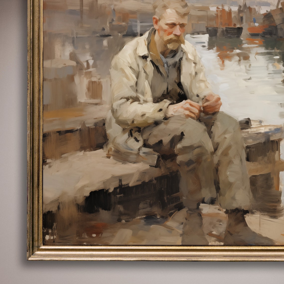 Fisherman Resting On Harbor Dock Vintage Nautical Painting Poster - Image 8
