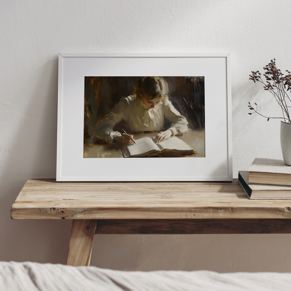 Woman Writing In Journal By Lamplight Victorian Study Painting Poster - Image 4