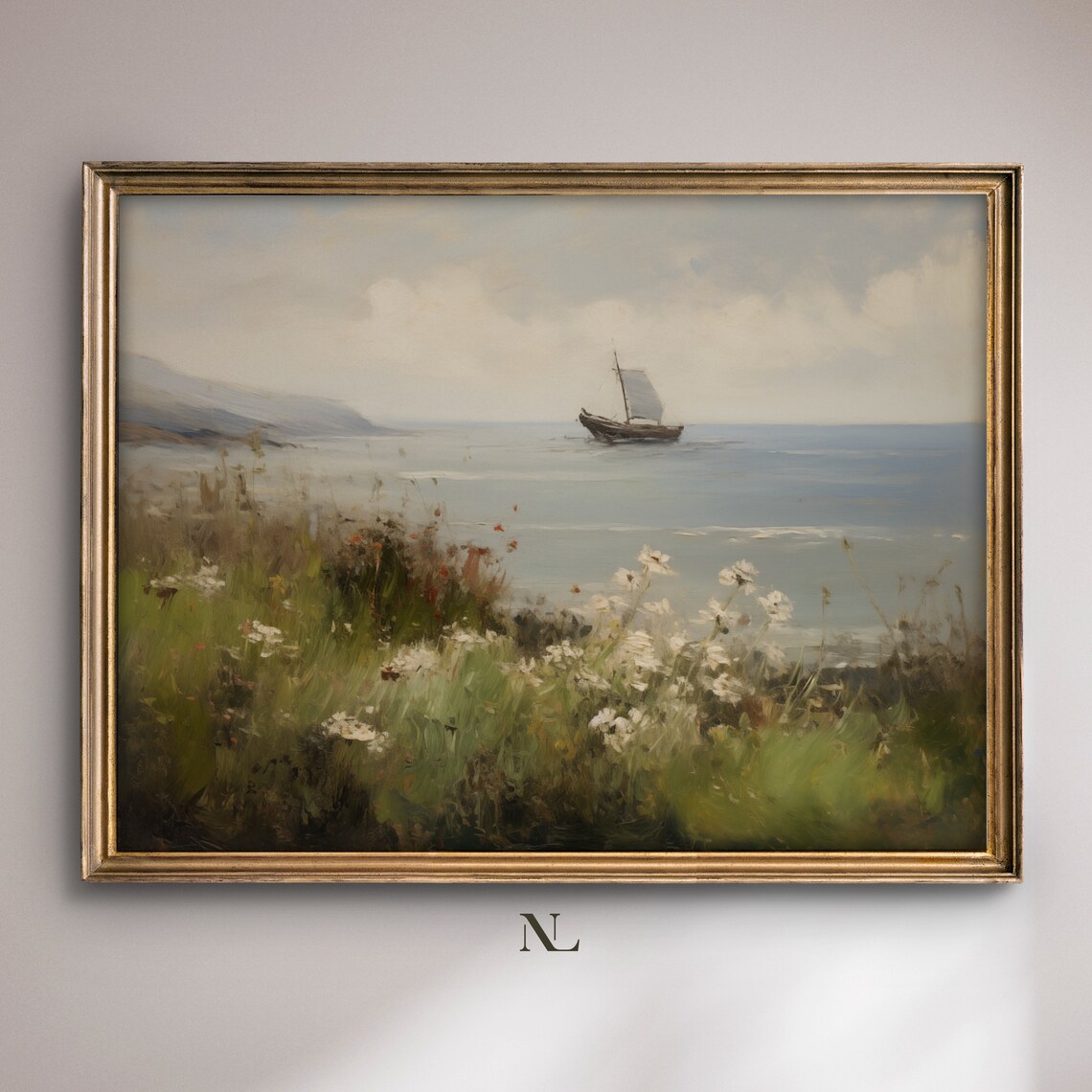 Sailboat On Calm Sea Wildflower Cliff Coastal Painting Poster