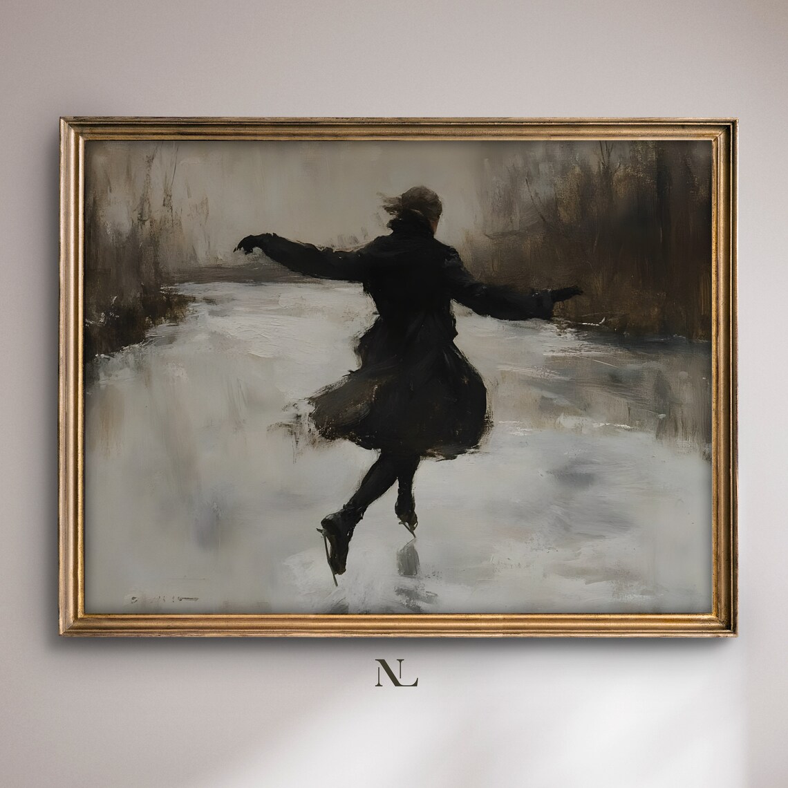 Woman Ice Skating On Frozen River Vintage Winter Scene Poster