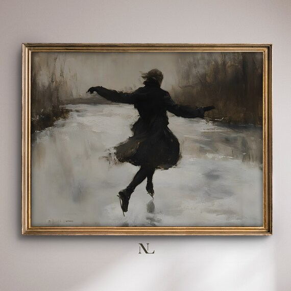 Woman Ice Skating On Frozen River Vintage Winter Scene Poster