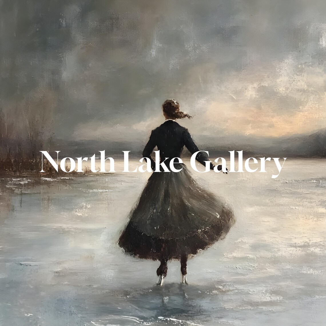Woman Ice Skating Frozen Lake Dramatic Winter Sky Painting Poster - Image 3