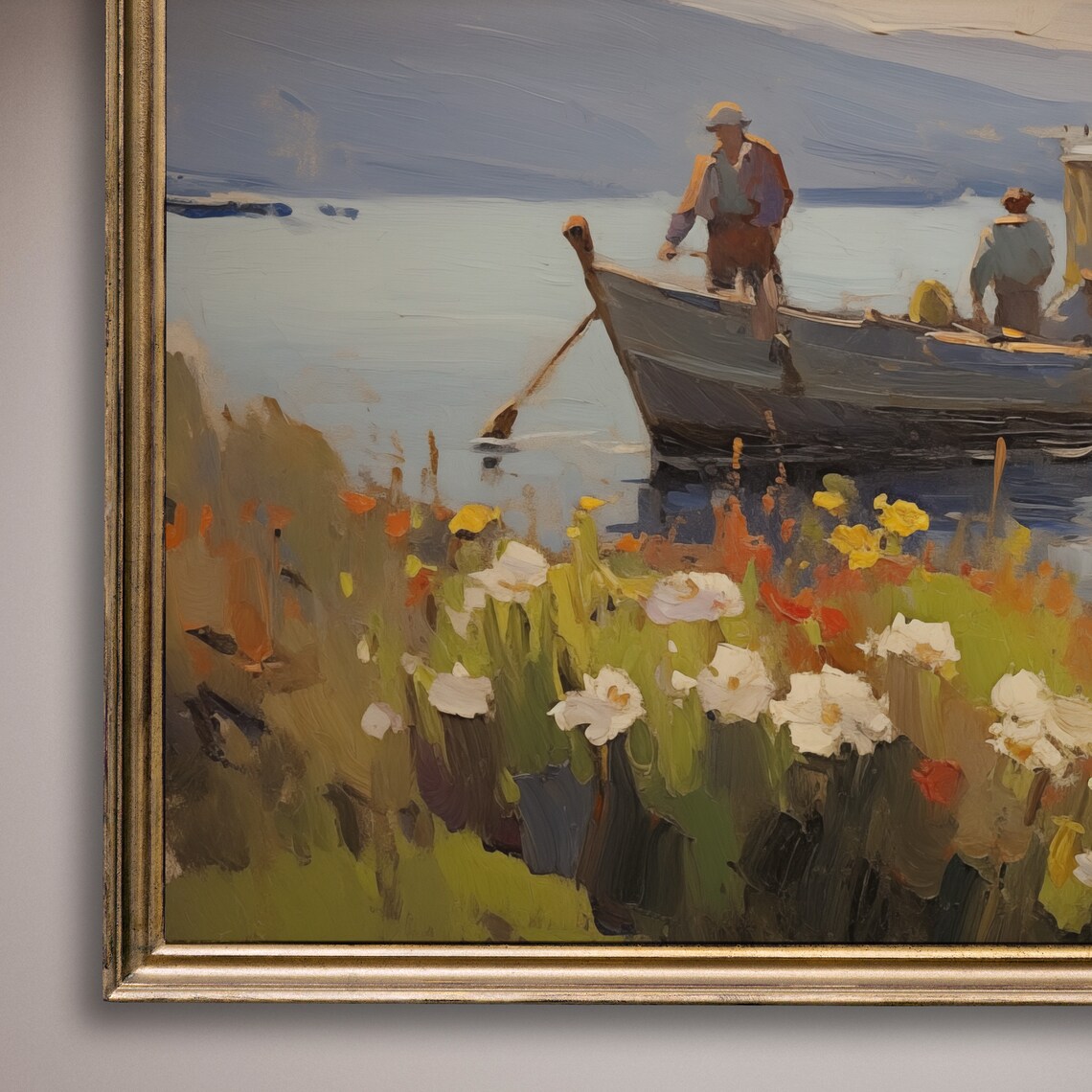 Fishing Boat Crew Wildflower Shore Mountain Lake Painting Poster - Image 8