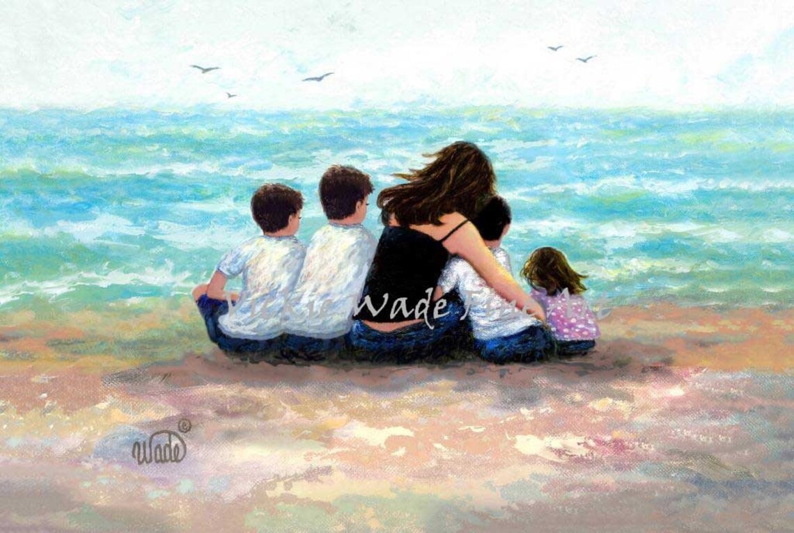 Mother and Four Children Sitting Together at the Ocean Shore Poster