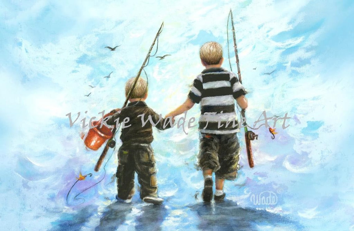Two Little Boys Going Fishing Art Print Two Boys Fishing Childrens Wall Art Boys Room Kids Decor Boy Decor Two Brothers Fishing Paintings