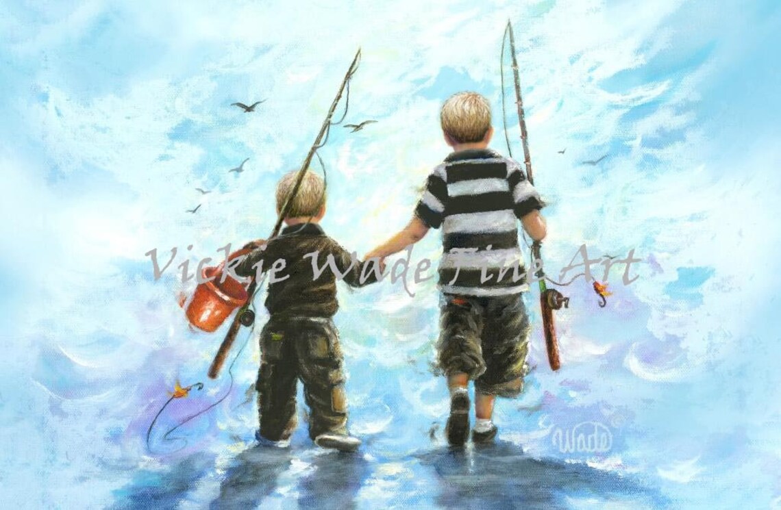 Two Little Boys With Fishing Rods Walking at the Shore Poster