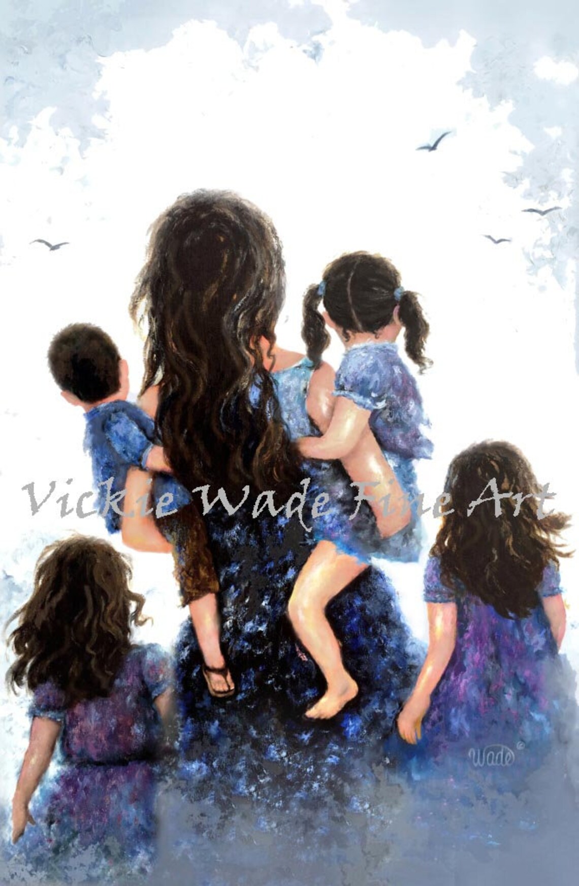 Mother Carrying Son And Daughter With Two Girls Walking Beside Poster