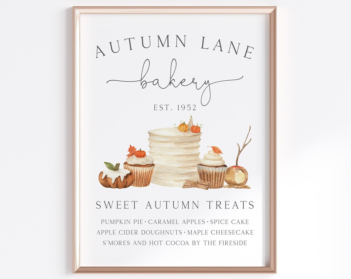 Autumn Bakery Wall Art, Fall Dessert Stand Sign