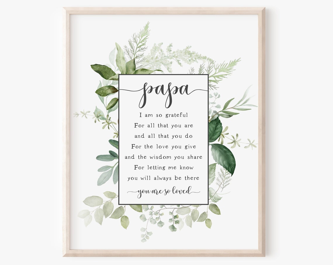 Papa Poem Grateful Keepsake Gift Greenery Watercolor Wall Art Print