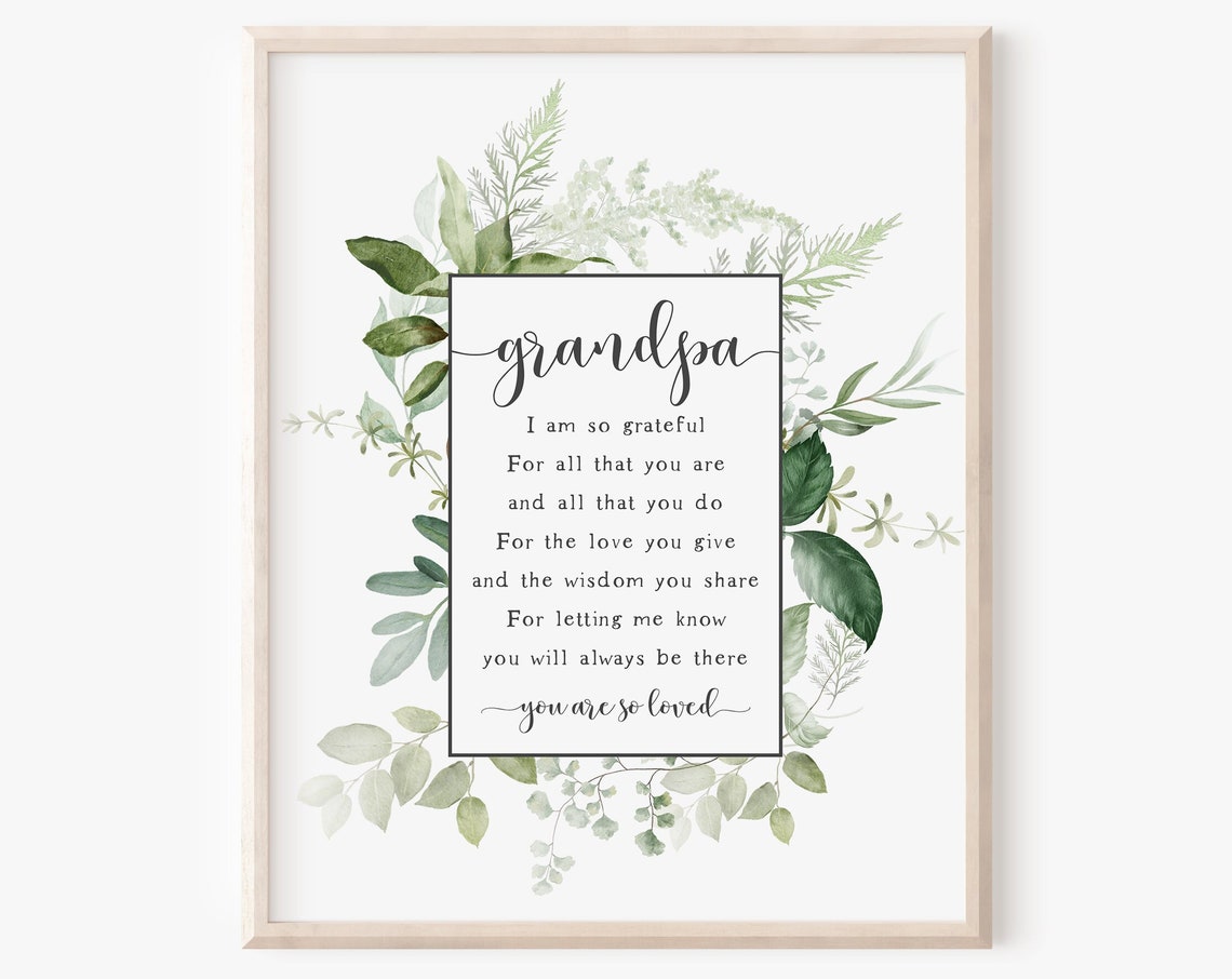 Grandpa Poem Grateful Keepsake Gift Greenery Watercolor Wall Art Print