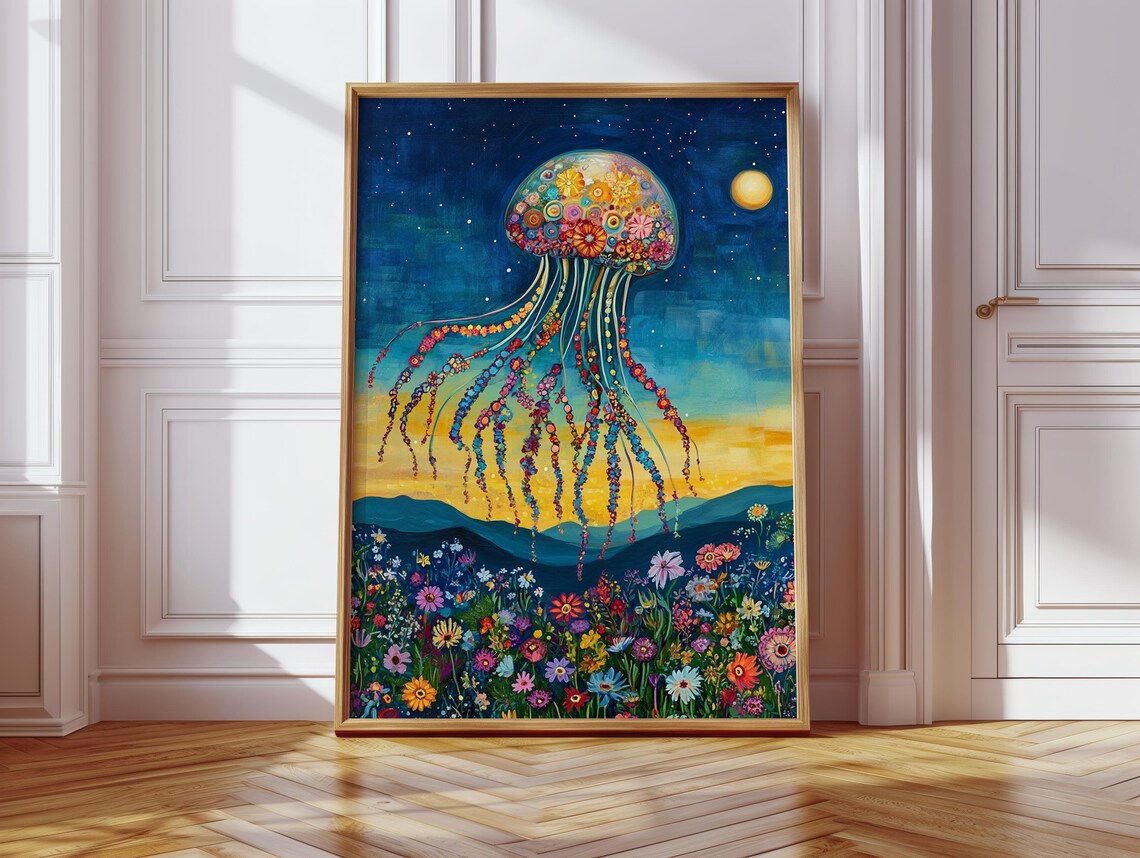 Jellyfish Intertwined With Flowers, Pop Art Print