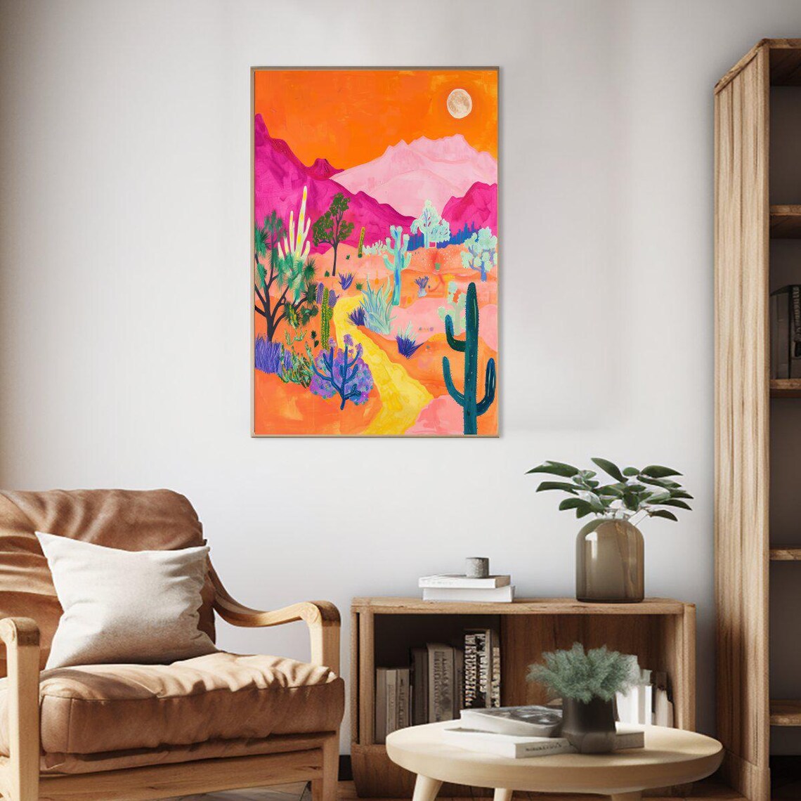 Vivid Orange Sky Desert Mountains Joshua Tree Cactus Art Poster - Image 2