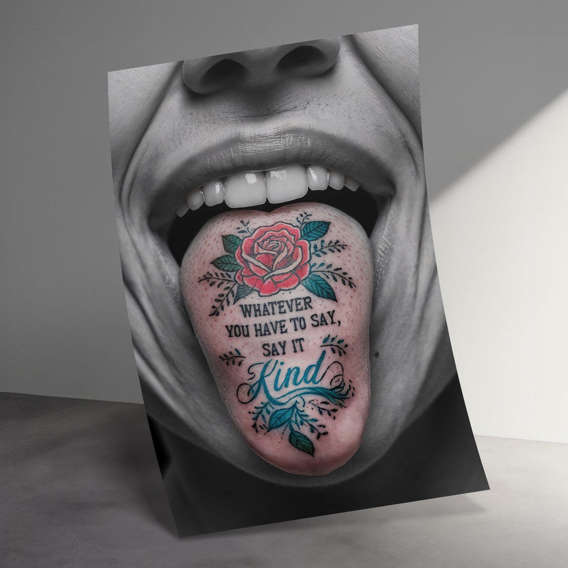 Say It Kind Tattooed Tongue Rose Bold Quote Typography Art Poster - Image 3