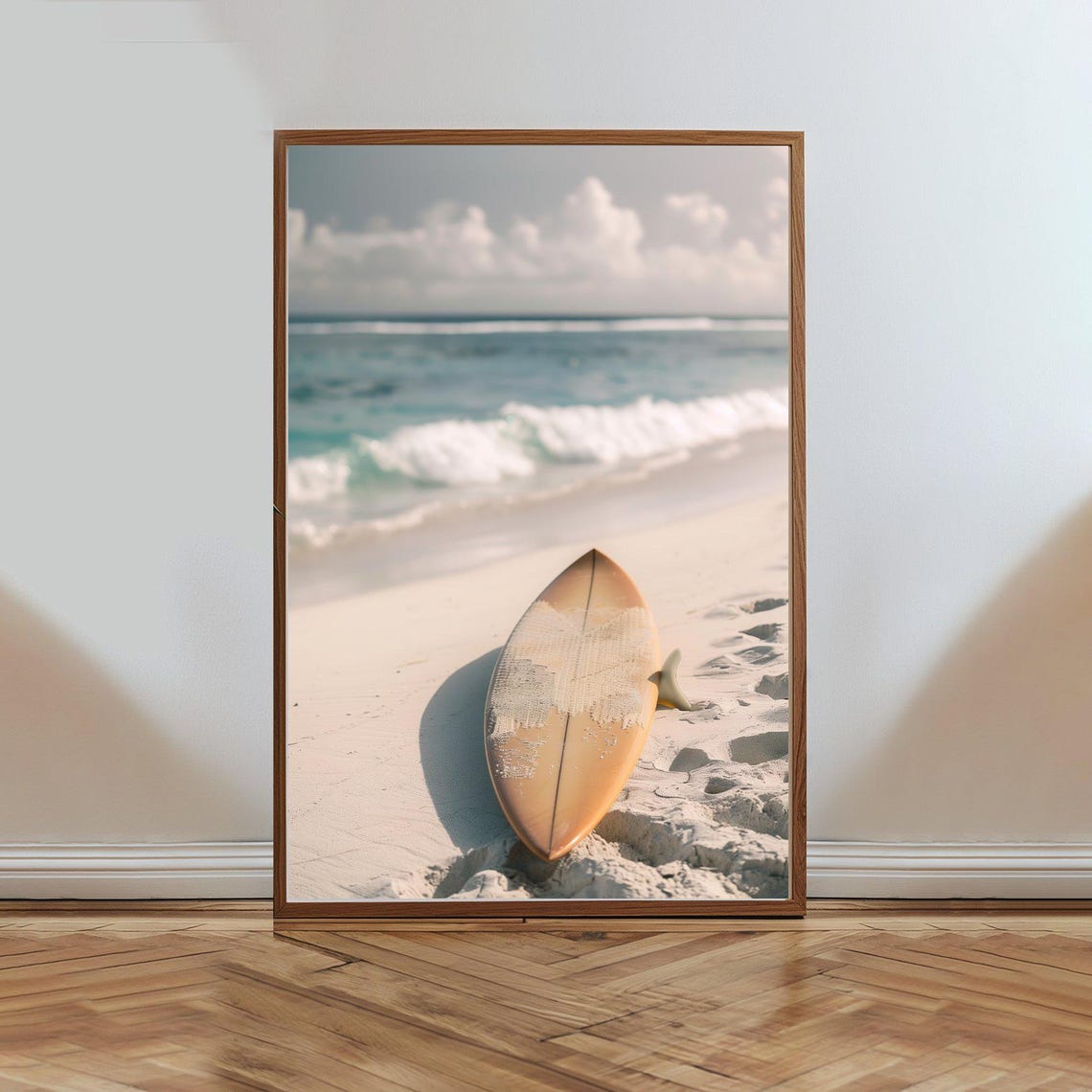 Sun Wooden Surfboard On Sandy Beach Summer Surf Culture Poster