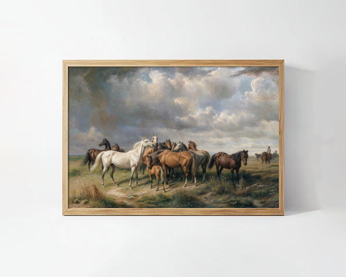 Vintage Horse Herd Pasture Cloudy Sky Classic Equestrian Poster