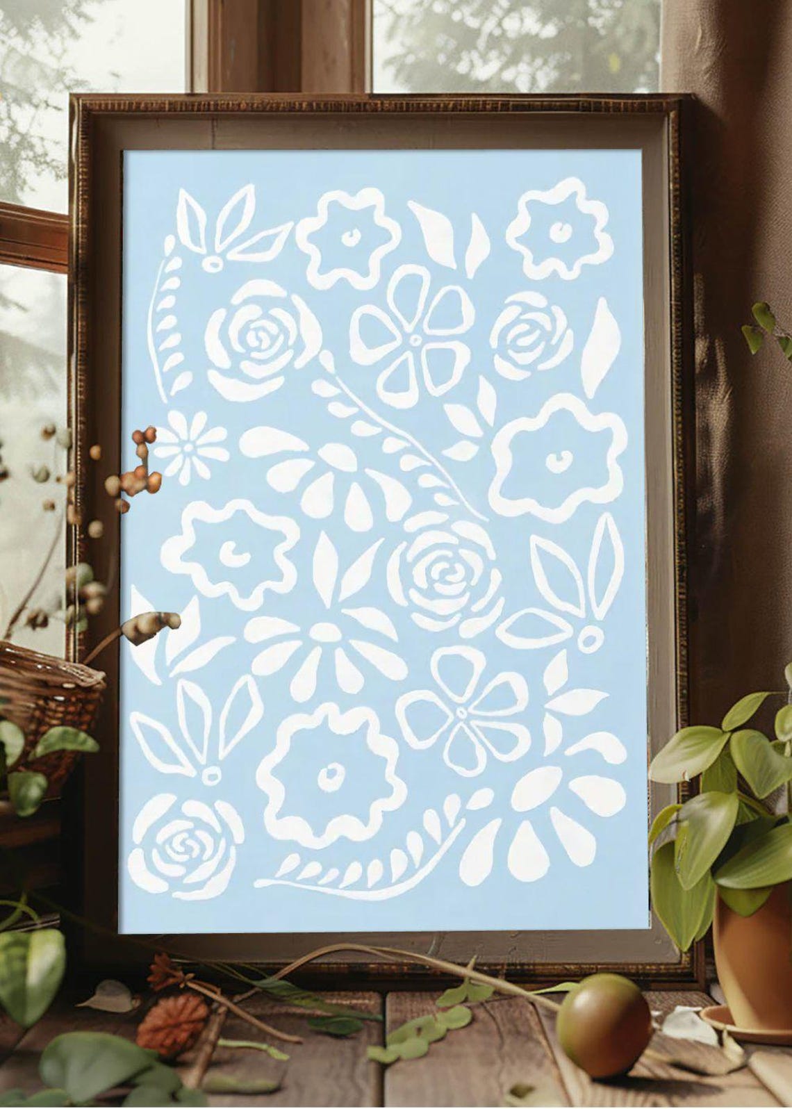 White Floral Pattern On Light Blue Folk Style Decorative Poster - Image 2