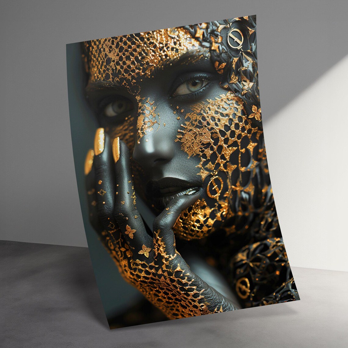 Dark Luxurious Black And Gold Lace Mask Beauty Portrait Poster - Image 3
