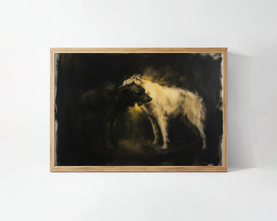 Two Shaggy Dogs Dark Moody Canine Painting Dramatic Art Poster
