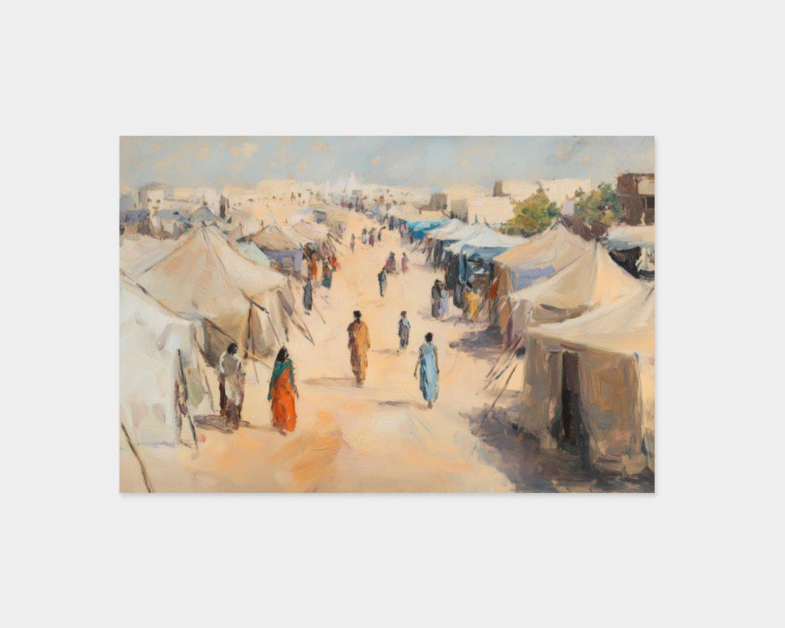 Desert Tent Market Impressionist Scene Warm Sand Dunes Art Poster - Image 2