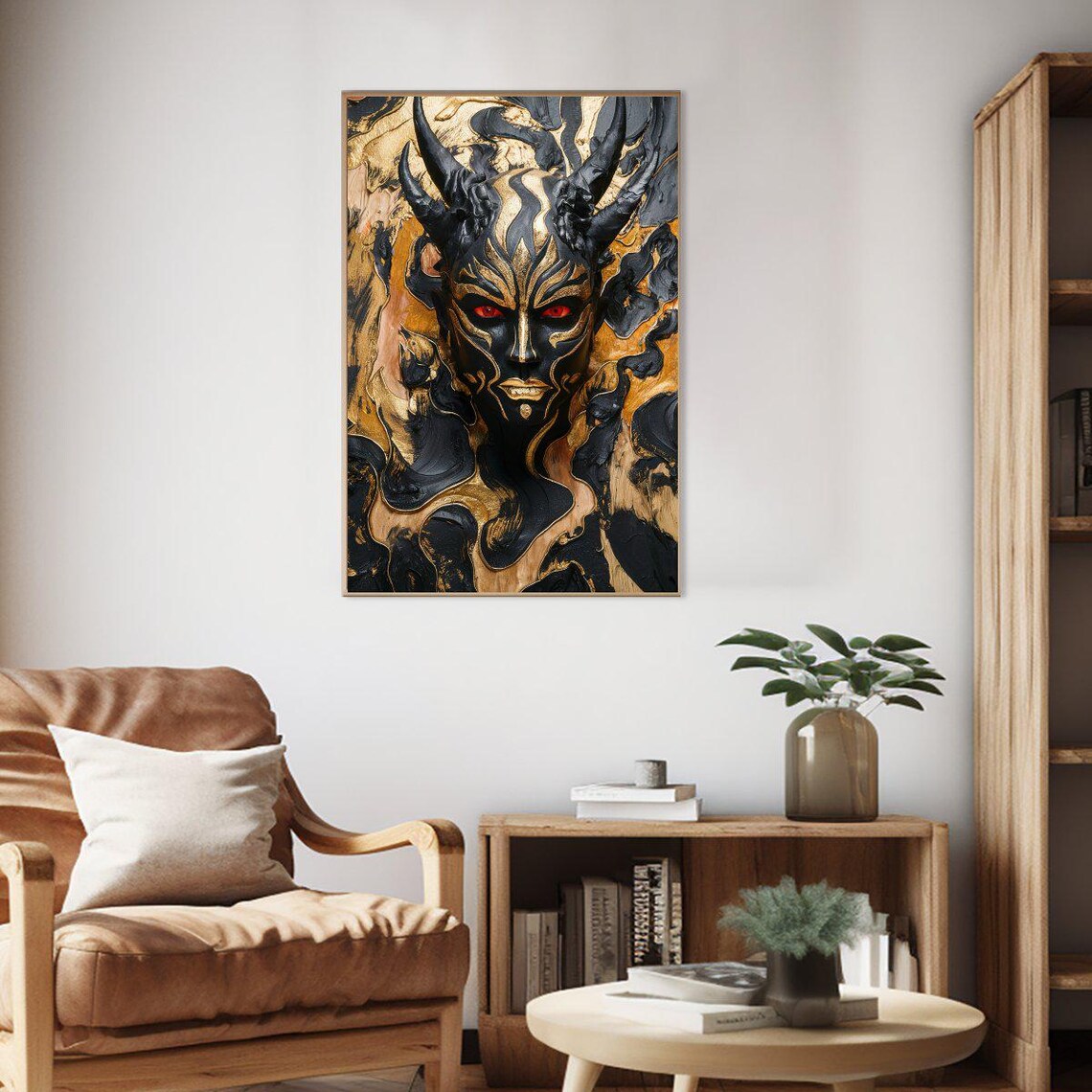 Horned Black Gold Demon Mask Red Eyes Dark Fantasy Art Poster - Image 2