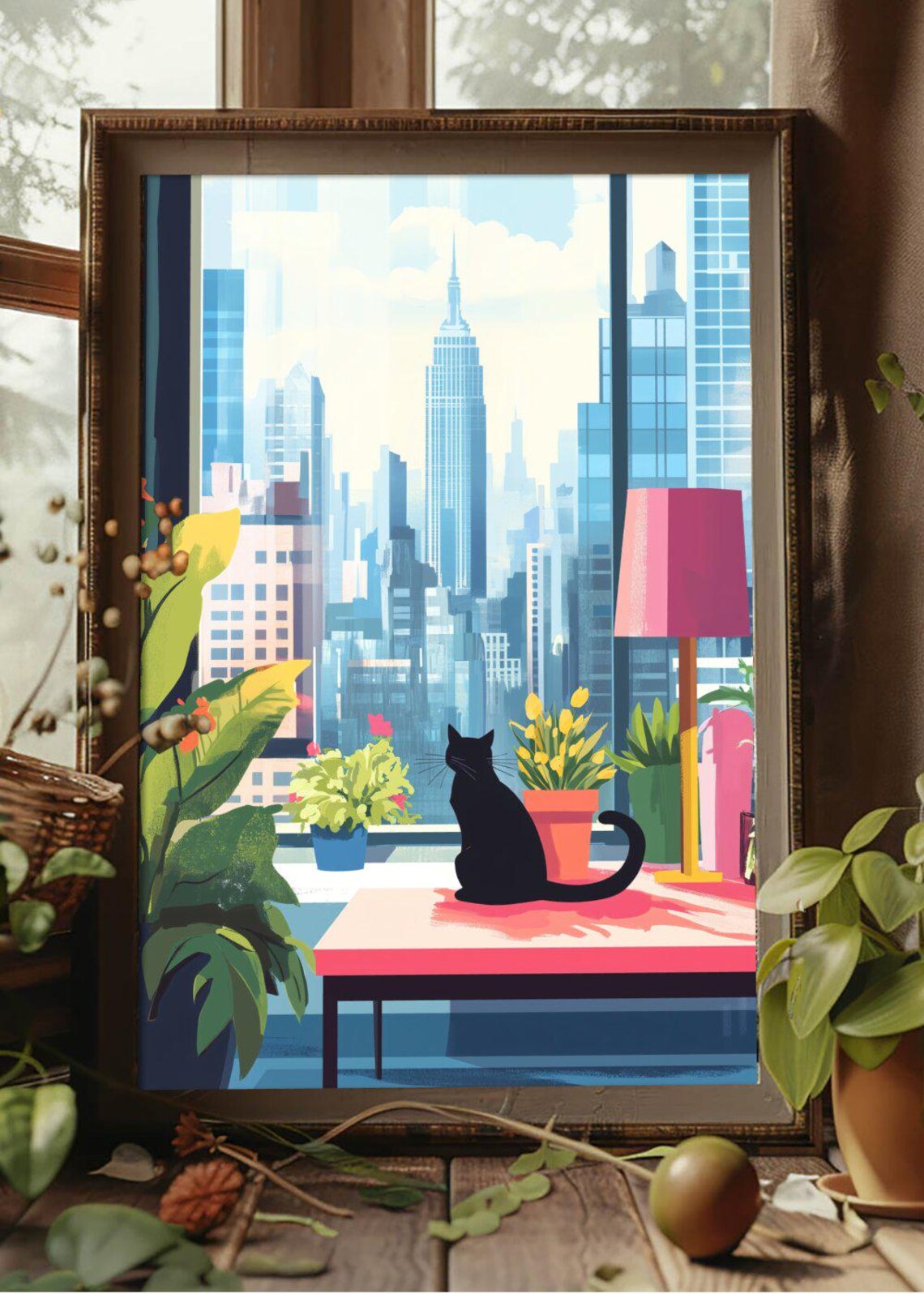 Black Cat Watching City Skyline from Window Seat Plant Poster - Image 2