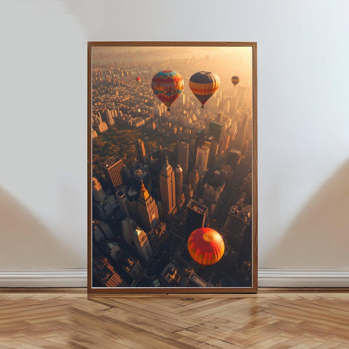 Hot Air Balloons Over New York City Skyline Wall Art Print Aerial View Of Skyscrapers And Hot Air Balloons Decor Urban Landscape