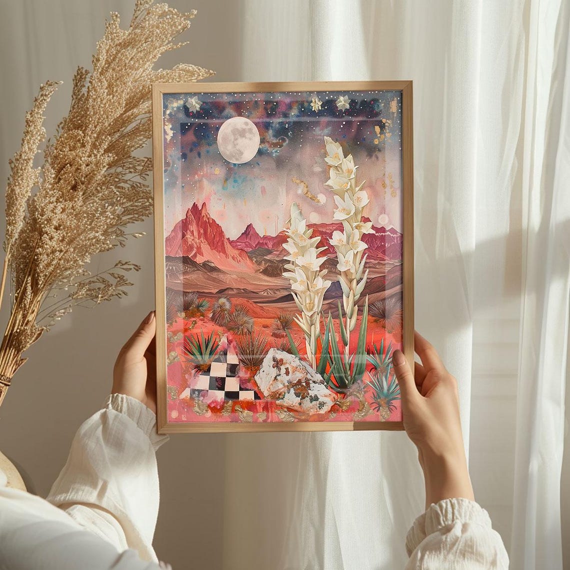 Dreamy Galactic Bloom White Yucca Full Moon Cosmic Desert Poster - Image 3