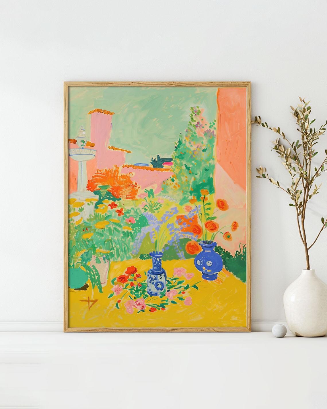 Serene Courtyard Garden Fountain Midcentury Modern Color Art Poster