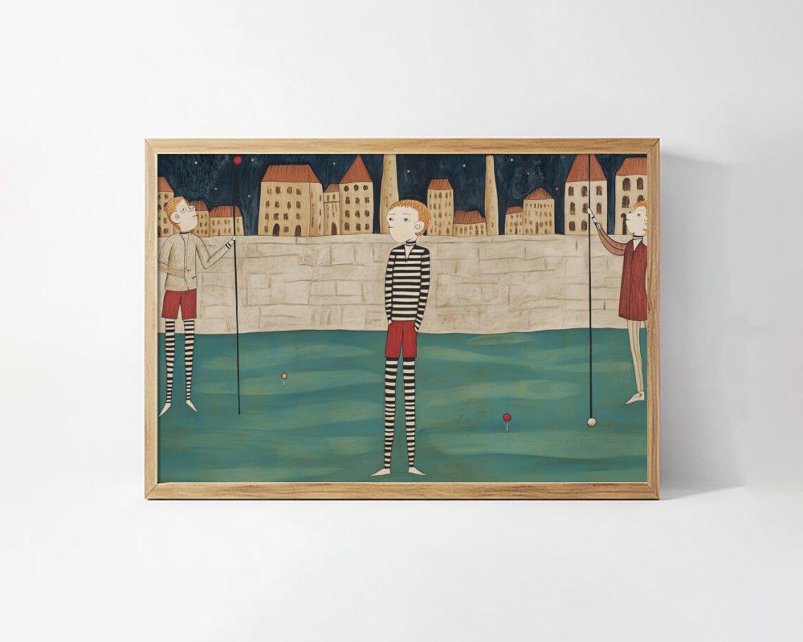 Quirky Striped Sock Figures Fishing at Night City Whimsy Poster