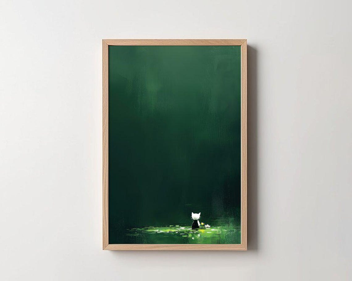 Tiny White Cat On Lily Pad Green Forest Pond Minimal Art Poster