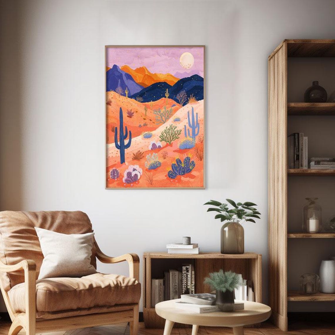 Warm Desert Sunset Moon Orange Mountains Cactus Scenic Poster - Image 2