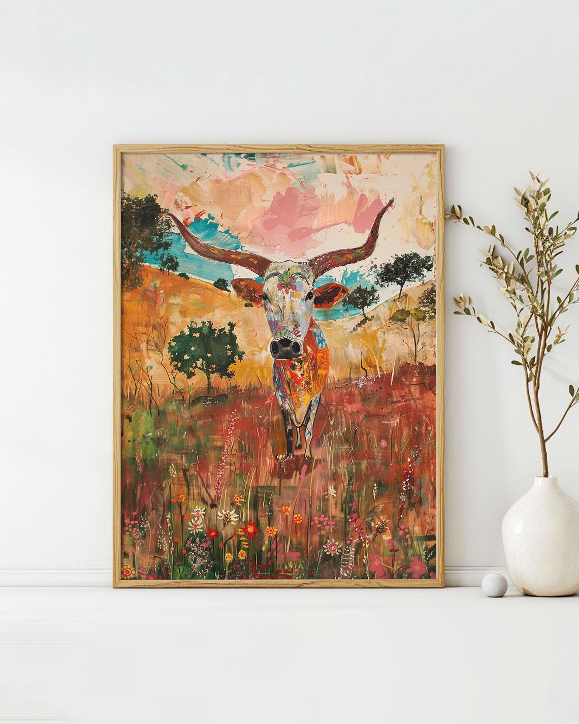 Colorful Longhorn Cow Wildflower Prairie Sunset Painting Poster