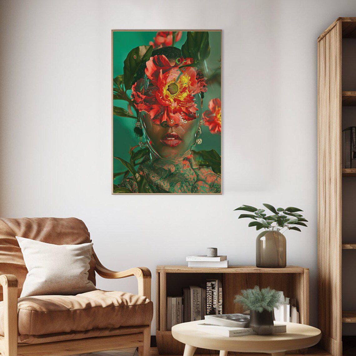 Floral Face Surreal Botanical Woman Red Hibiscus Tropical Poster - Image 2