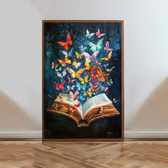 Open Book With Colorful Butterflies Art Poster Midcentury Modern Dream Wall Art Painting As Print Bookish Gift Book Nerd Illustration